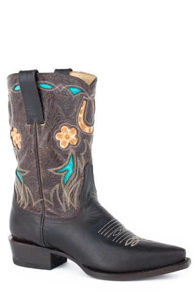 Pre-owned Stetson Womens Brown Leather Willa 10in Flower Cowboy Boots