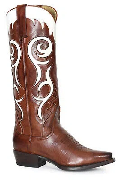 Pre-owned Stetson Womens Mavis Brown/white Calf Leather Cowboy Boots
