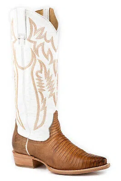 Pre-owned Stetson Womens Toni Tan Teju Lizard Cowboy Boots In Brown