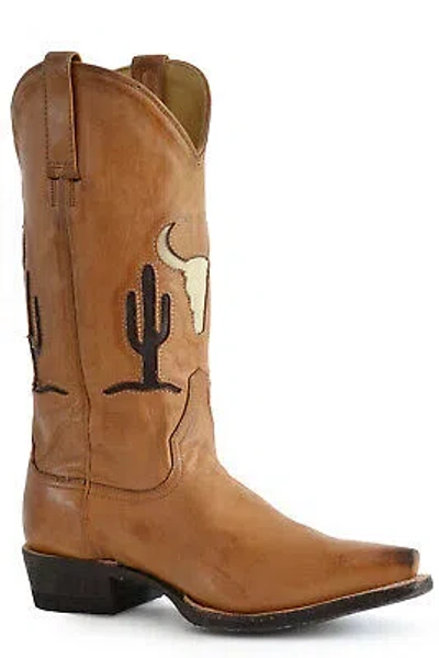 Pre-owned Stetson Womens Tucson Tan Leather Cowboy Boots In Brown