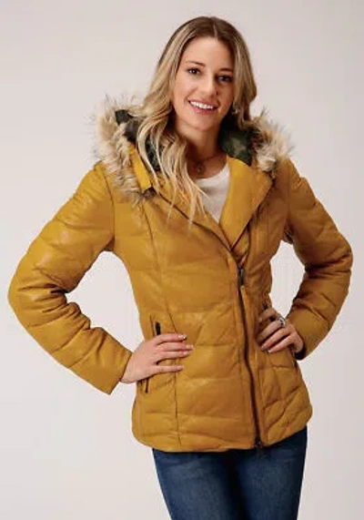 Pre-owned Stetson Womens Yellow Leather Quilted Hooded Jacket