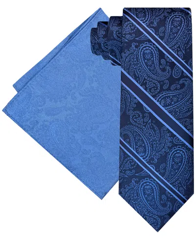 Steve Harvey Men's Stripe Paisley Tie & Pocket Square Set In Navy