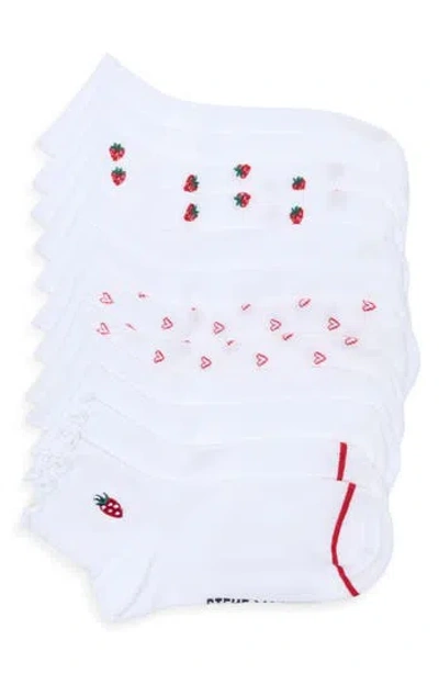 Steve Madden 6-pack Strawberry Embroidered Quarter Length Socks In White