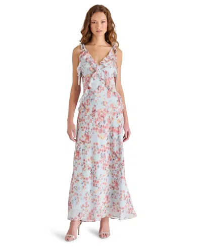 Steve Madden Adalina Maxi Dress Women's Iris Blue Floral Ruffle Trim Pal101 In Multi