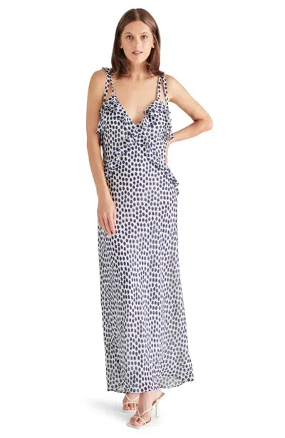 Steve Madden Adalina Maxi Dress Womens White Black Polka Dot Tie Shoulder Pal113 In Blue
