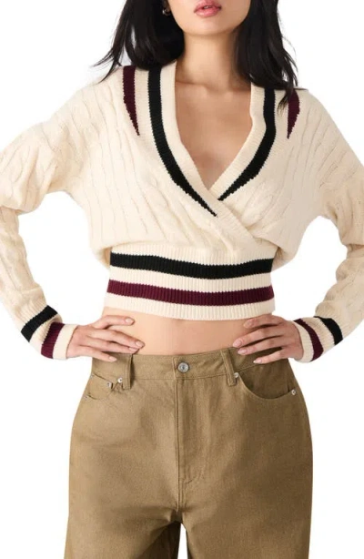 Steve Madden Addison Contast Trim Cable Knit Sweater In White