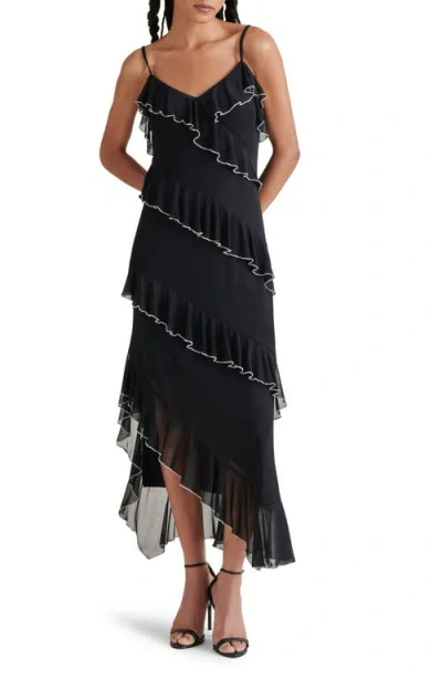 Steve Madden Aida Contrast Trim Ruffle Sleeveless Asymmetric Midi Dress In Black
