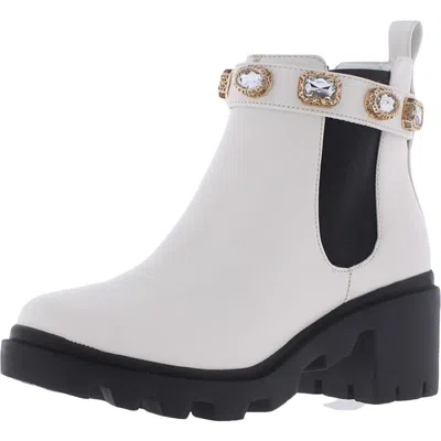 Steve Madden Amulet Womens Embellished Block Heel Chelsea Boots In White