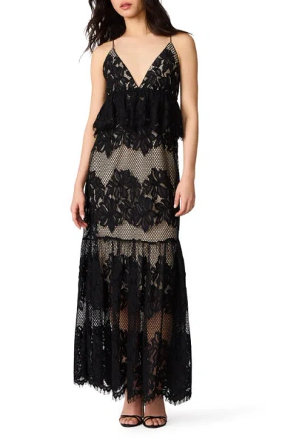 Steve Madden Annette Lace Embroidered Tiered Maxi Peplum Dress In Black