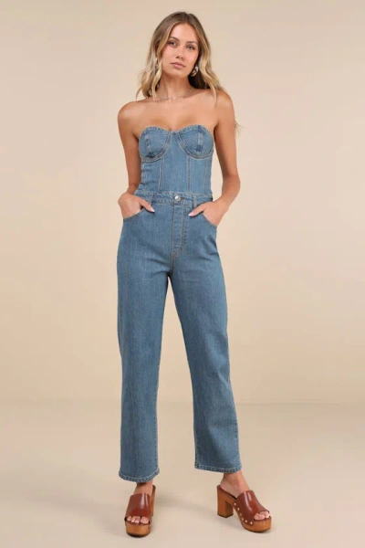 Steve Madden Anya Medium Wash Denim Strapless Cropped Bustier Jumpsuit In Blue