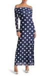 Steve Madden Aurelia Dot Off The Shoulder Long Sleeve Maxi Dress In Deep Navy