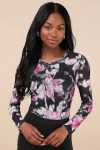 Steve Madden Azure Black Floral Mesh Long Sleeve Bodysuit In Black