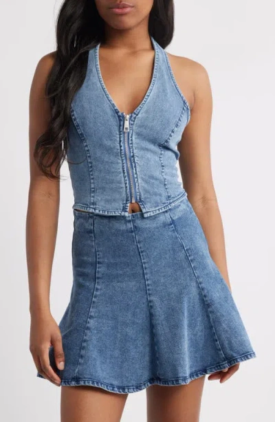 Steve Madden Beatrix Denim Halter Top In Acidwash Denim
