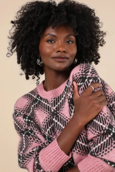 Steve Madden Becka Pink And Black Plaid Long Sleeve Pullover Sweater