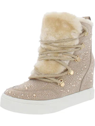 Steve Madden Becoming Womens Rhinestone Faux Fur Lined Ankle Boots In Beige