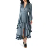 Steve Madden Bei Long Sleeve Tiered Satin Midi Dress In Gray