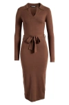 Steve Madden Belted Long Sleeve Polo Sweater Dress In Coco