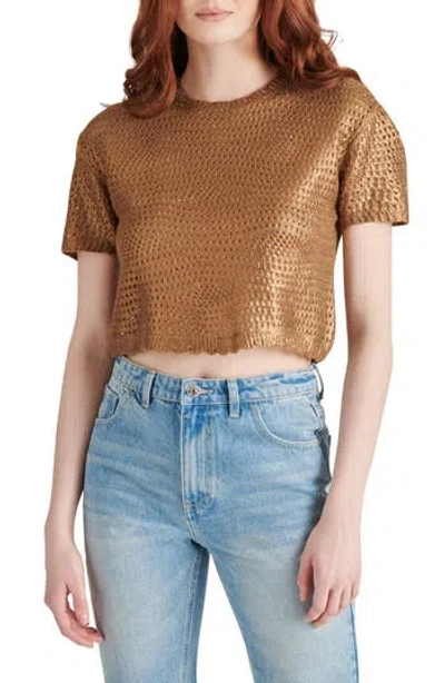 Steve Madden Biana Metallic Open Stitch Short Sleeve Crop Sweater In Caramel Cafe
