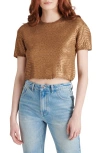 Steve Madden Biana Metallic Open Stitch Short Sleeve Crop Sweater In Caramel Cafe