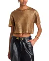 Steve Madden Biana Metallic Open Stitch Short Sleeve Crop Sweater In Caramel Cafe