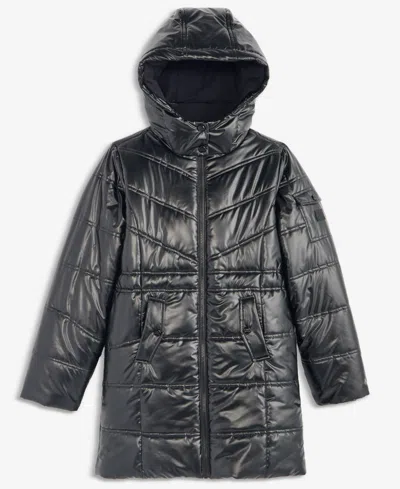 Steve Madden Kids' Big Girls' Xs-xl Liquid Long Hooded Puffer Jacket In Black