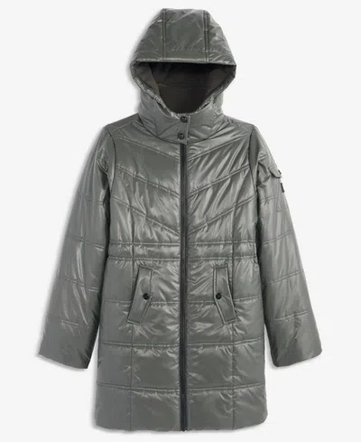 Steve Madden Kids' Big Girls' Xs-xl Liquid Long Hooded Puffer Jacket In Gray