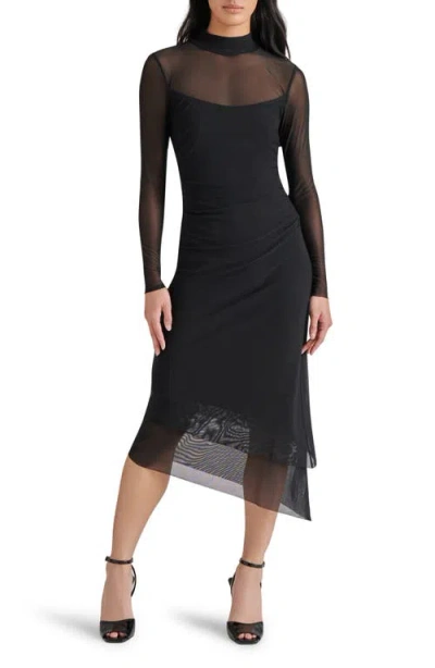 Steve Madden Blare Long Sleeve Mesh Midi Dress In Black
