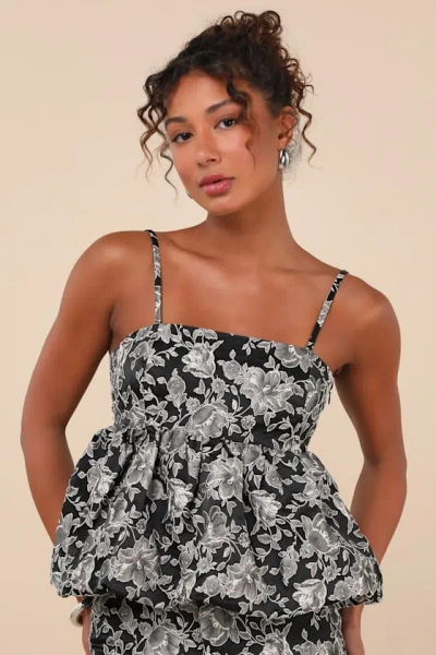 STEVE MADDEN BODI BLACK FLORAL JACQUARD PEPLUM TOP