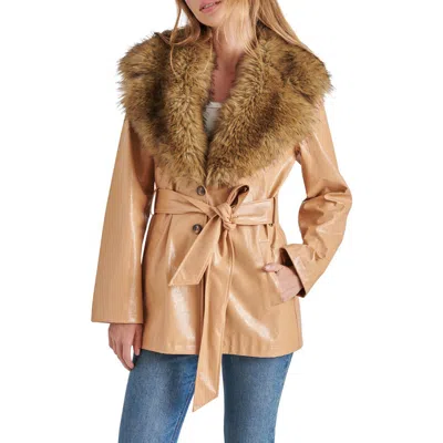 Steve Madden Bowery Faux Fur And Faux Leather Belted Jacket In Churro