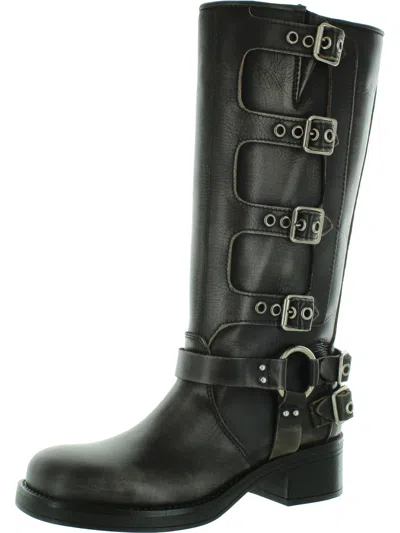 Steve Madden Brocks Womens Leather Moto Mid-calf Boots In Black Leather