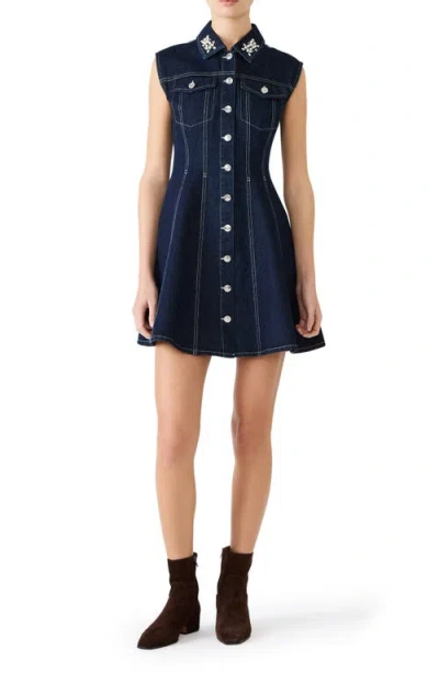 Steve Madden Carmelia Faux Pearl & Rhinestone Detail Denim Minidress In Blue