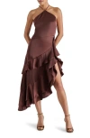 Steve Madden Caspia Ruffle Satin Halter Dress In Brown