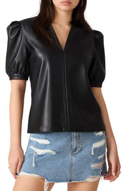 Steve Madden Cecila Faux Leather Puffed Sleeve Top In Black