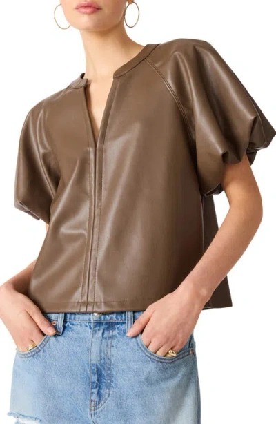 Steve Madden Cecila Faux Leather Puffed Sleeve Top In Brown