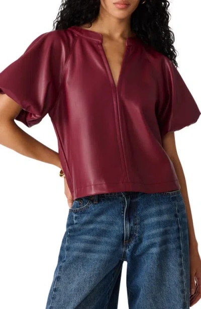 Steve Madden Cecila Faux Leather Puffed Sleeve Top In Burgundy