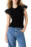Steve Madden Cecilie Smocked Ruffle Cotton Sleeve Top In Black