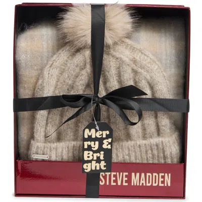 Steve Madden Chunky Ribbed Faux Fur Pompom Beanie & Scarf Set In Neutral