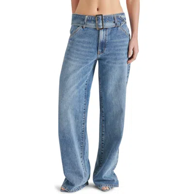Steve Madden Cove Belted Baggy Low Rise Jeans In Orion Blue
