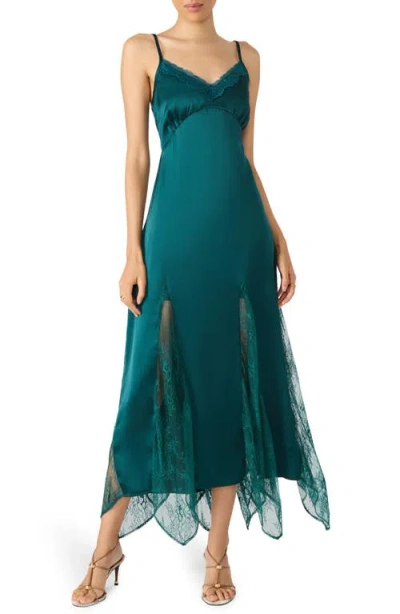 Steve Madden Delia Lace Trim Handkerchief Hem Satin Slipdress In Green