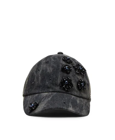 Steve Madden Denim Floral Embellishment Baseball Hat In Black