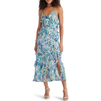 Steve Madden Dion Tiered Ruffle Maxi Slipdress In Blue Coral