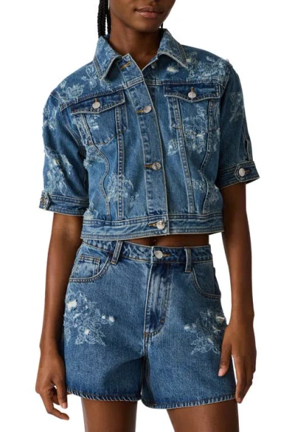 Steve Madden Distressed Short Sleeve Denim Jacket In Blue
