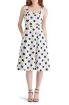 Steve Madden Dolly Polka Dot Stretch Cotton Midi Dress In White/navy
