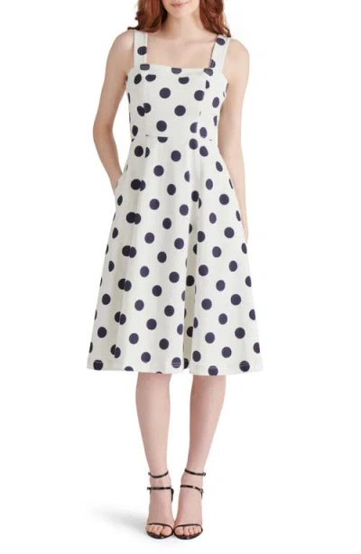 Steve Madden Dolly Polka Dot Stretch Cotton Midi Dress In White/navy