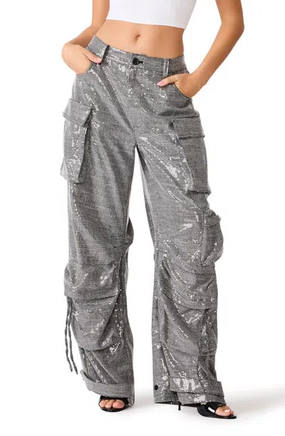 Steve Madden Duo Plaid Sequin Cargo Pants In Gray