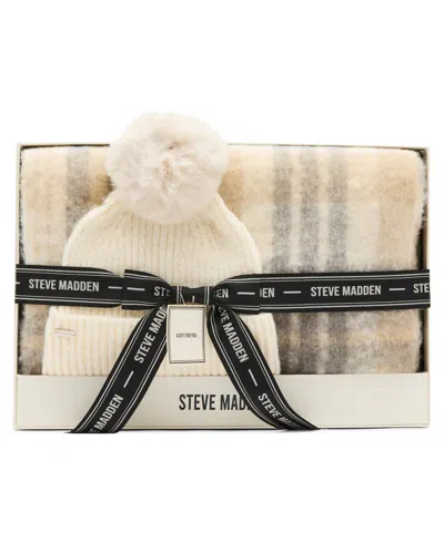 Steve Madden English Plaid 2-piece Beanie And Scarf Set In Neutral
