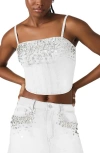 Steve Madden Eras Rhinestone Denim Crop Top In White