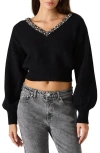 Steve Madden Evilyn Embellished V-neck Crop Sweater In Black