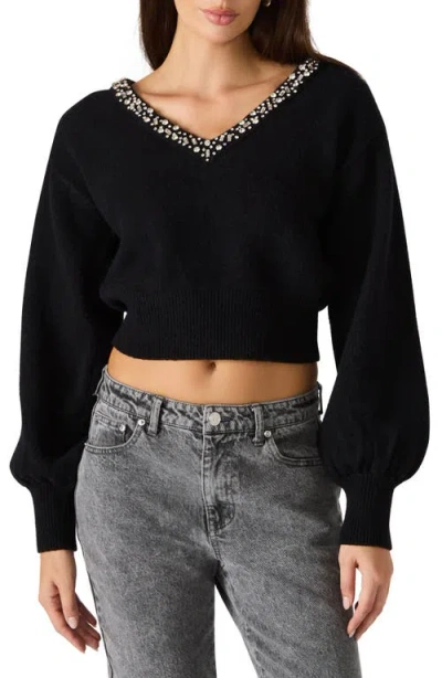 Steve Madden Evilyn Embellished V-neck Crop Sweater In Black