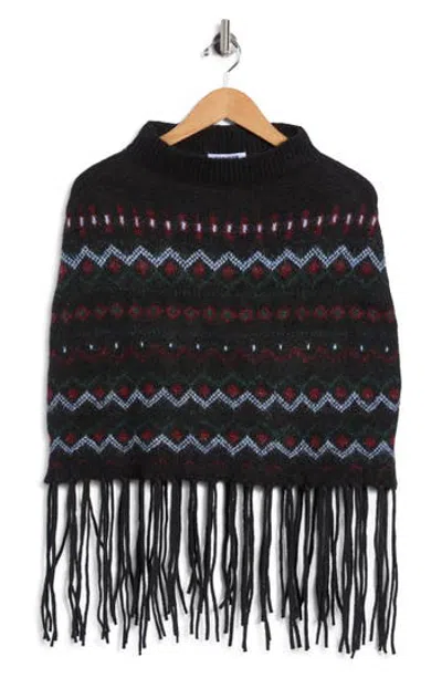 Steve Madden Fair Isle Fringe Trim Knit Poncho In Black